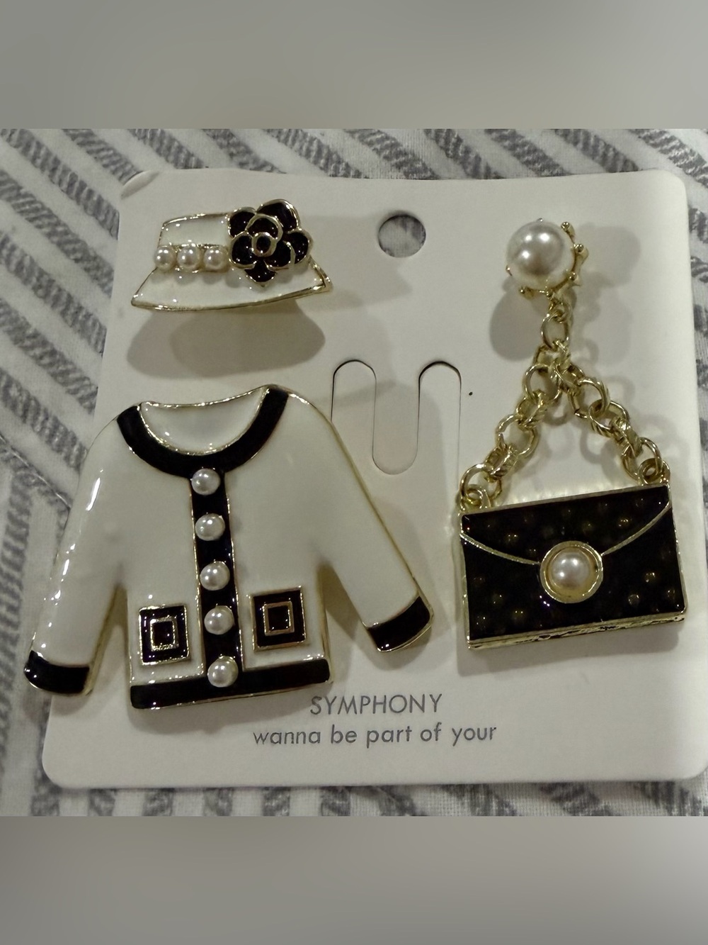 Brooch pin set bundle black white beaded blazer hat Barbie purse fashion jewelry